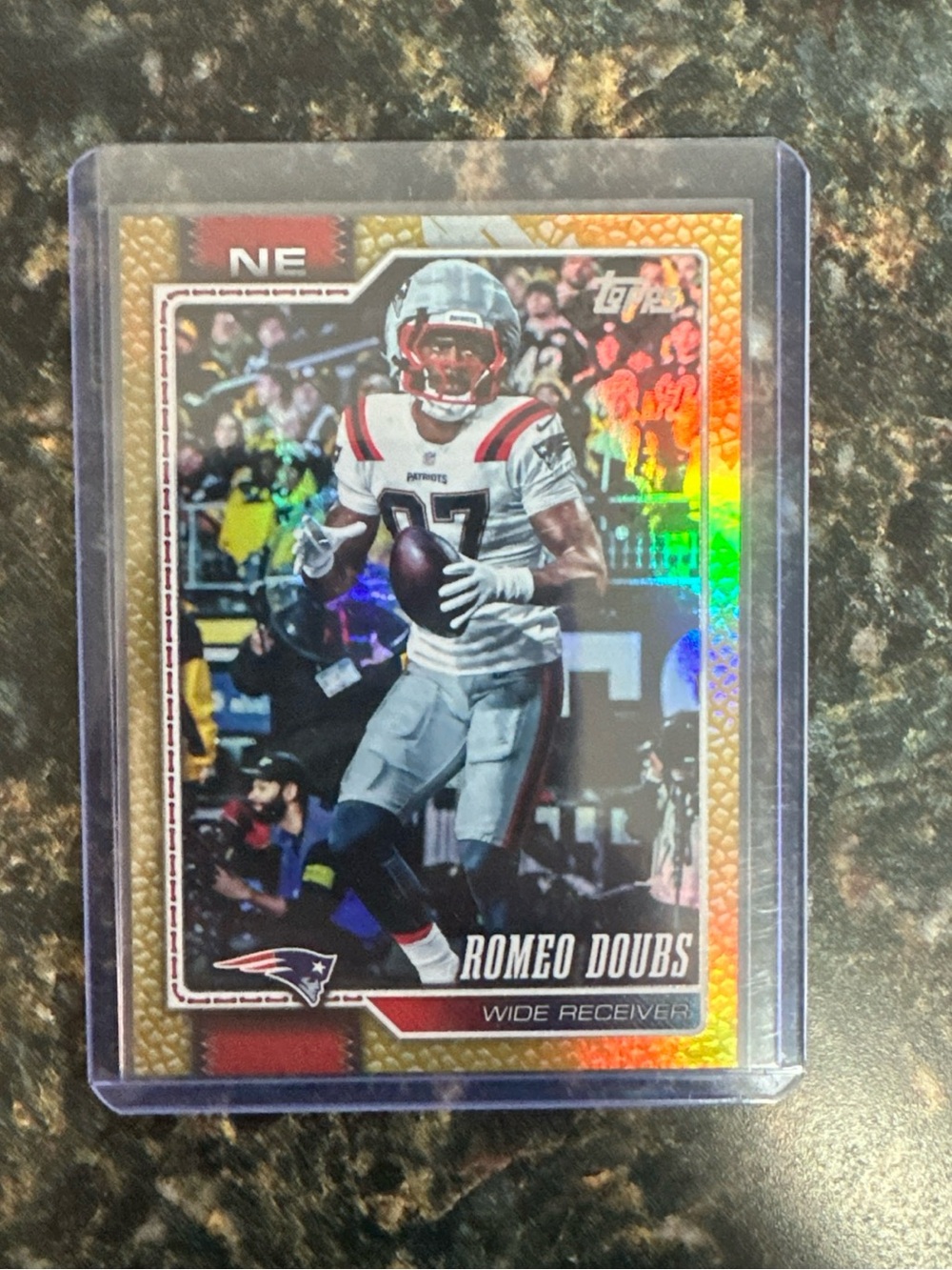 Romeo Doubs Topps Football card Patriots 1st season. Parallel. Number 7/50